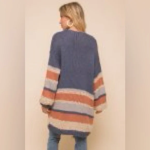 NWT Hem & Thread Stripe Bottom Cardigan Sweater Oversized Bohemian Style Fit - Picture 4 of 14